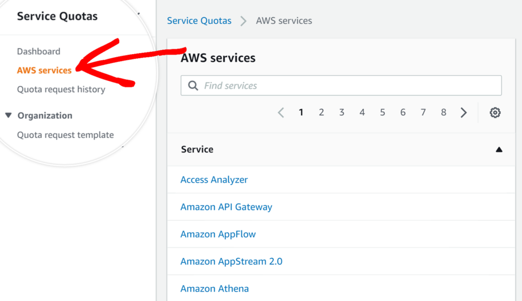 AWS services options from sidebar