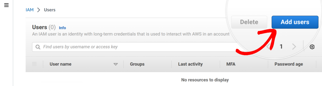 Add users button in AWS