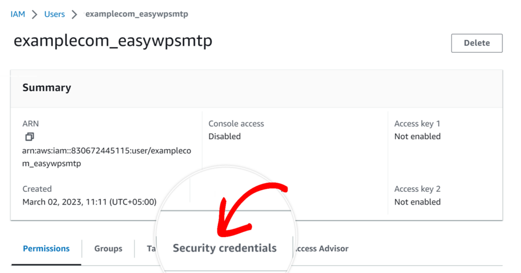 Security credentials tab