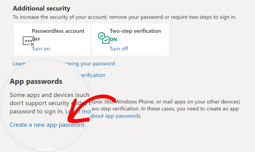 Create a new app password in Outlook
