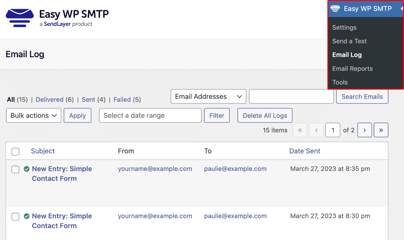 Email Log page