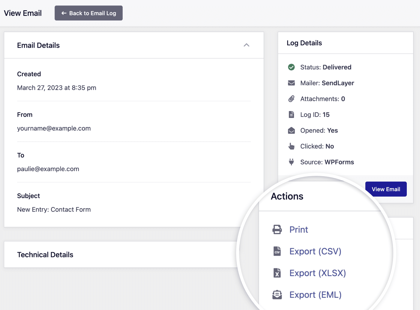 Export. email log