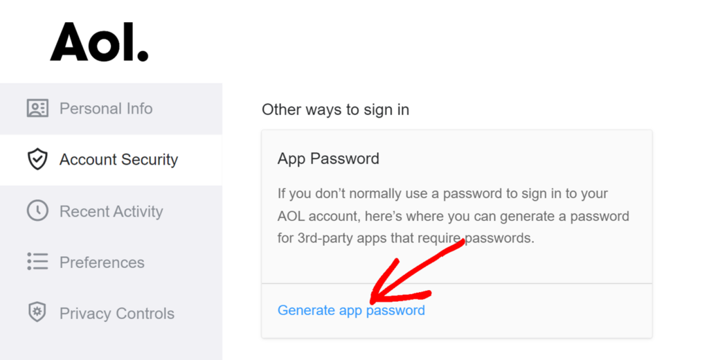 Generate app password in AOL