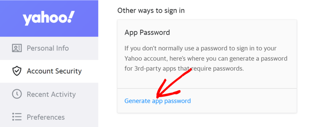 Generate app password for Yahoo