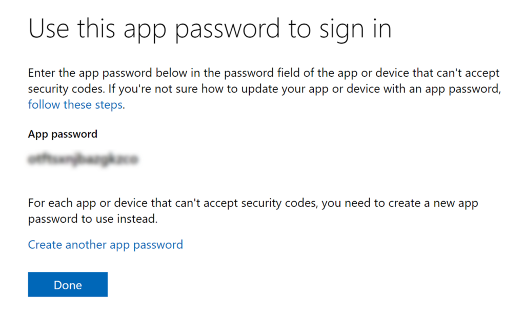 Generated app password in Outlook