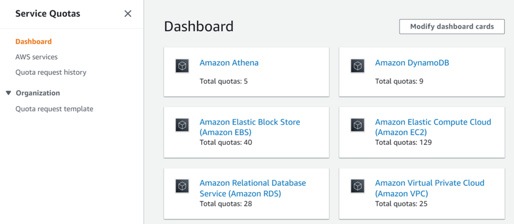 Service quota dashboard