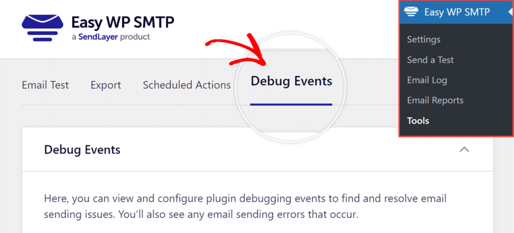 Click on Debug Events from Easy WP SMTP Tools