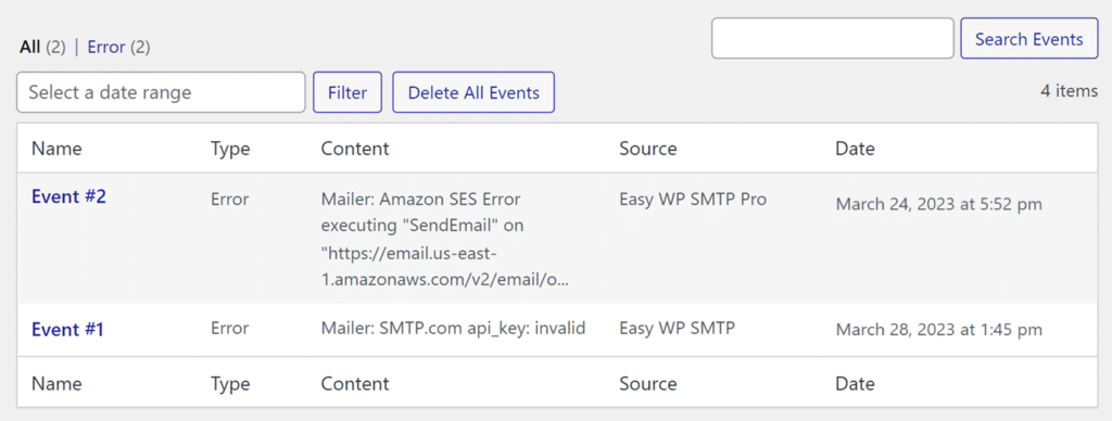 Debugging Events table