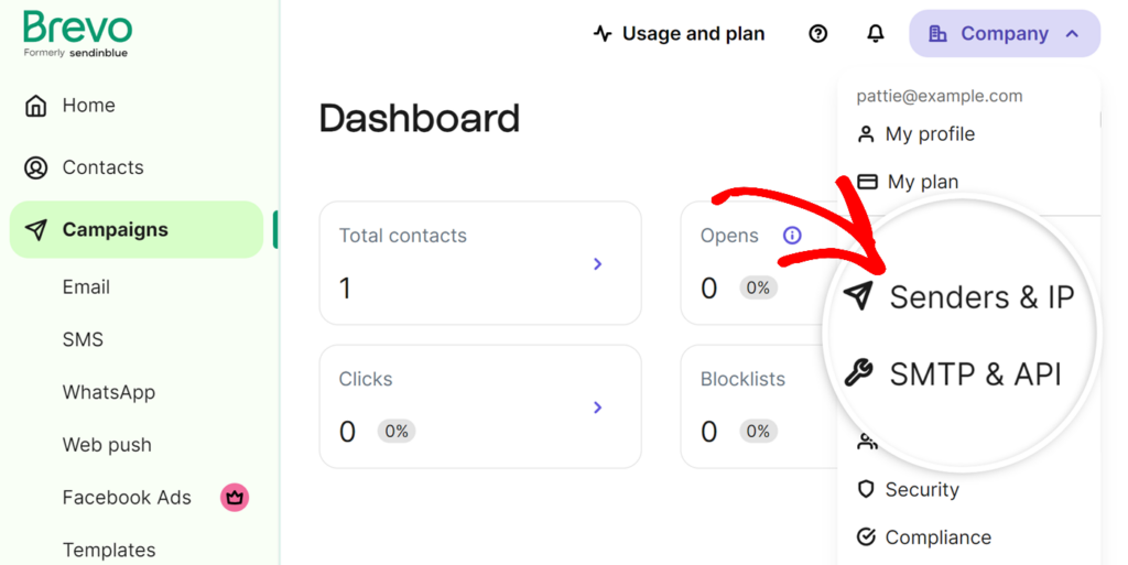 Senders & IP option from dropdown menu