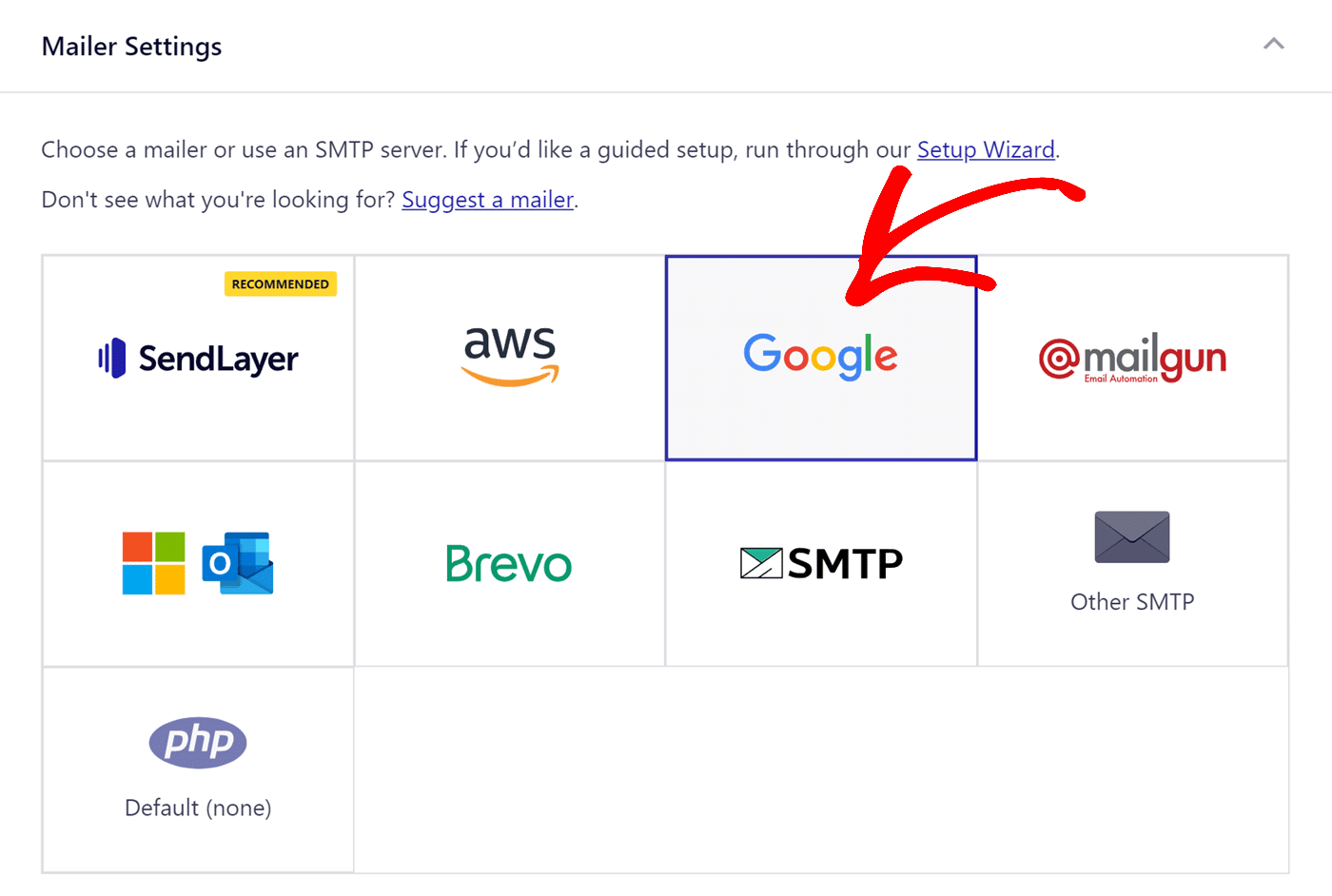 Select the Google mailer