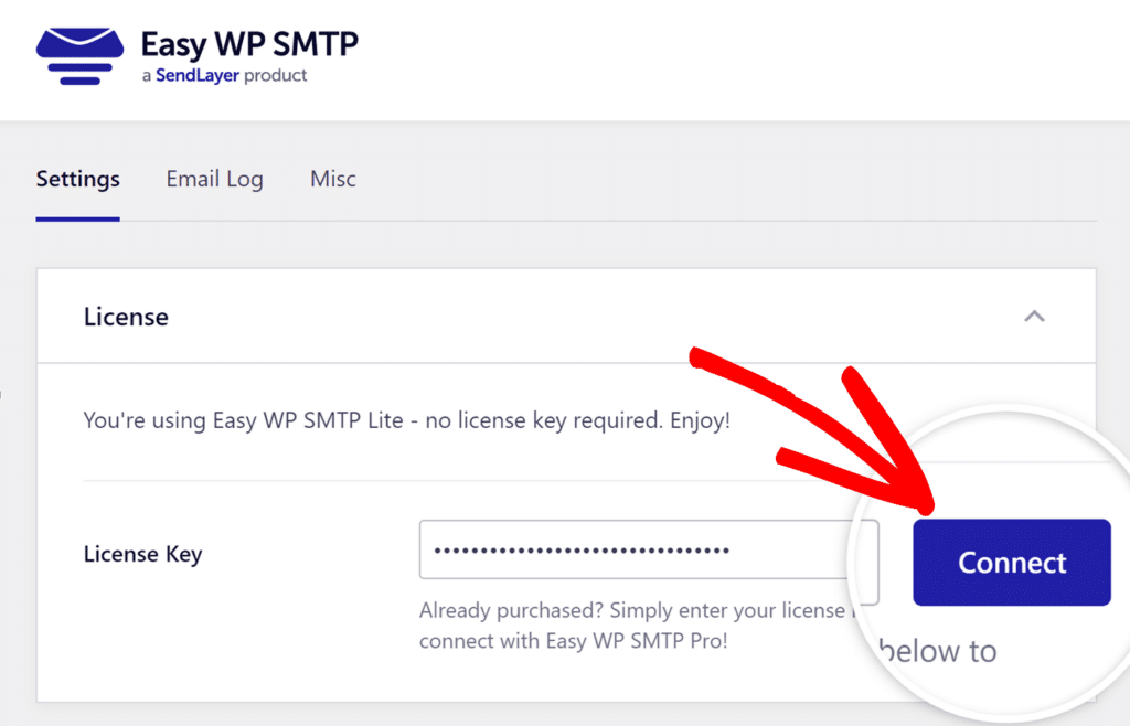 Click Connect button to upgrade to Easy WP SMTP Pro