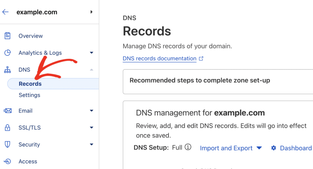 Accessing DNS records page in Cloudflare