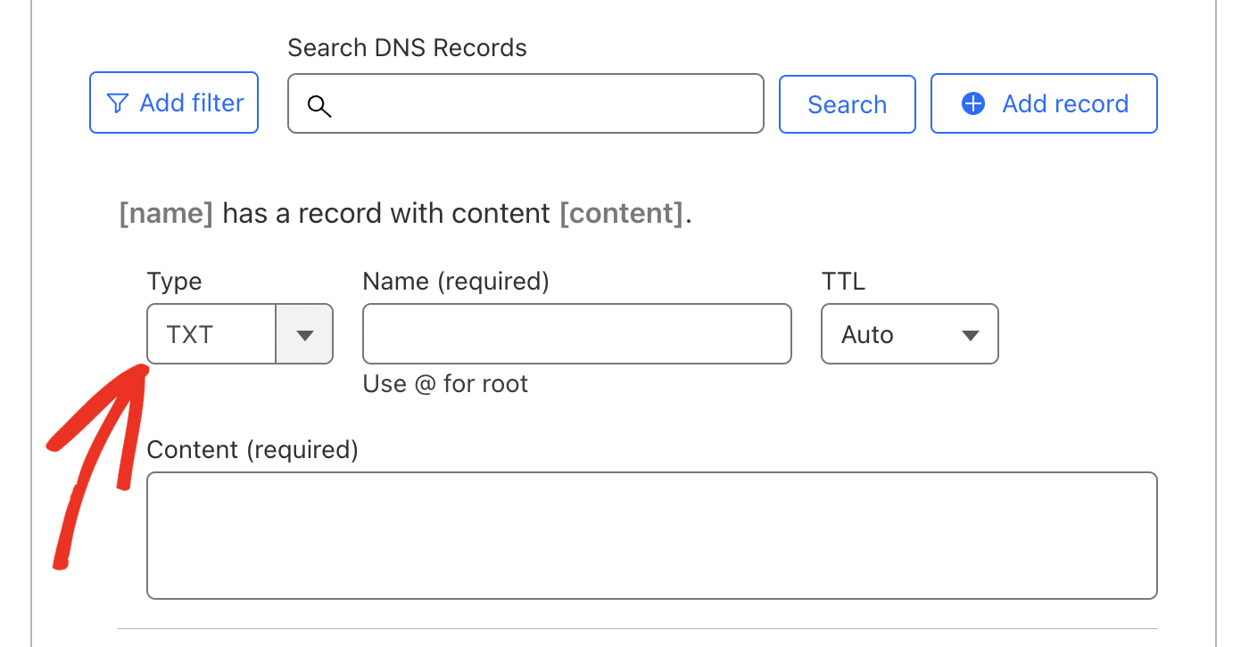 Select TXT as record type