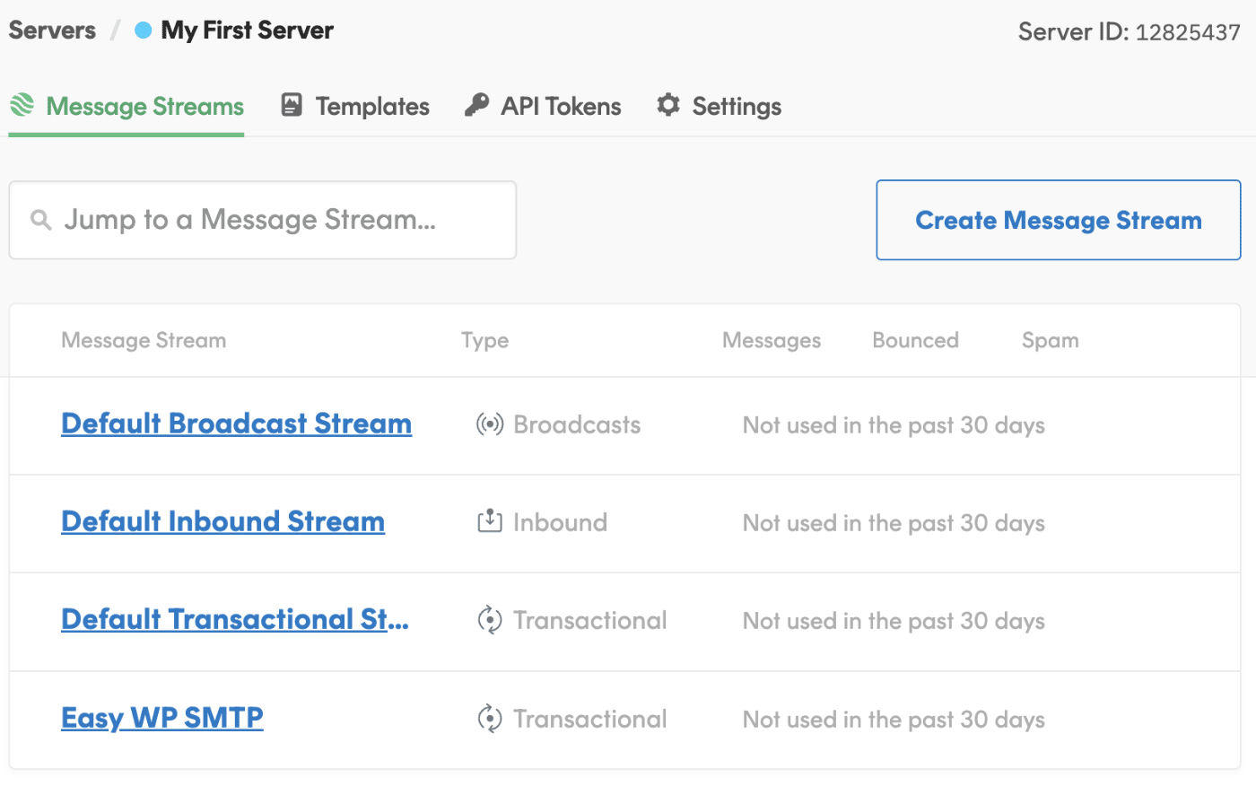 A list of Message Streams in Postmark