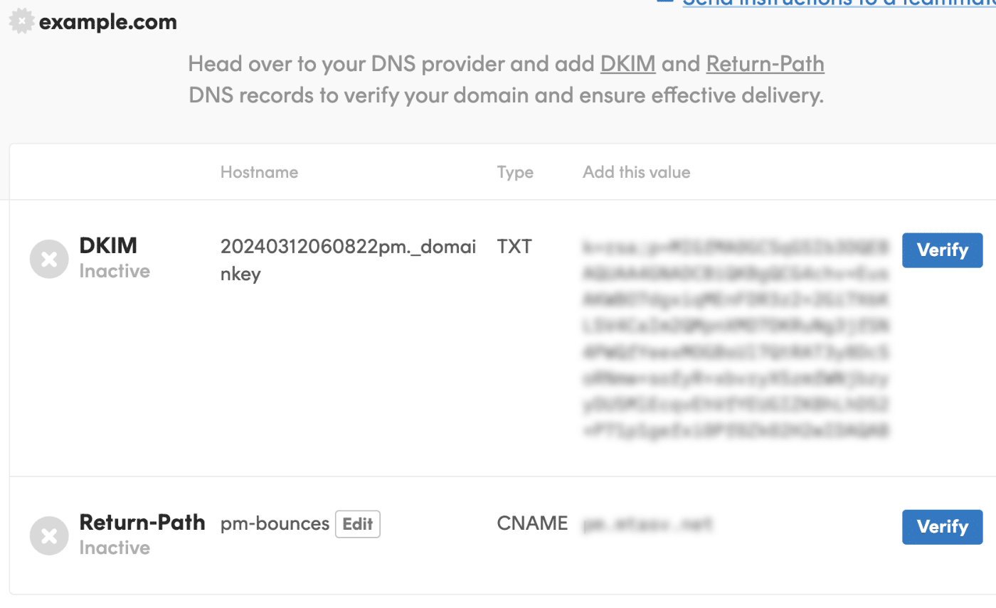 Postmark mailer DNS records