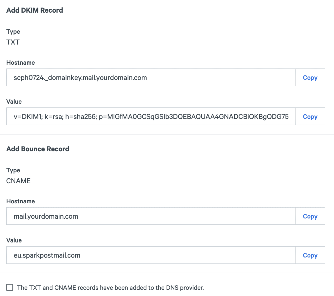 SparkPost DNS records