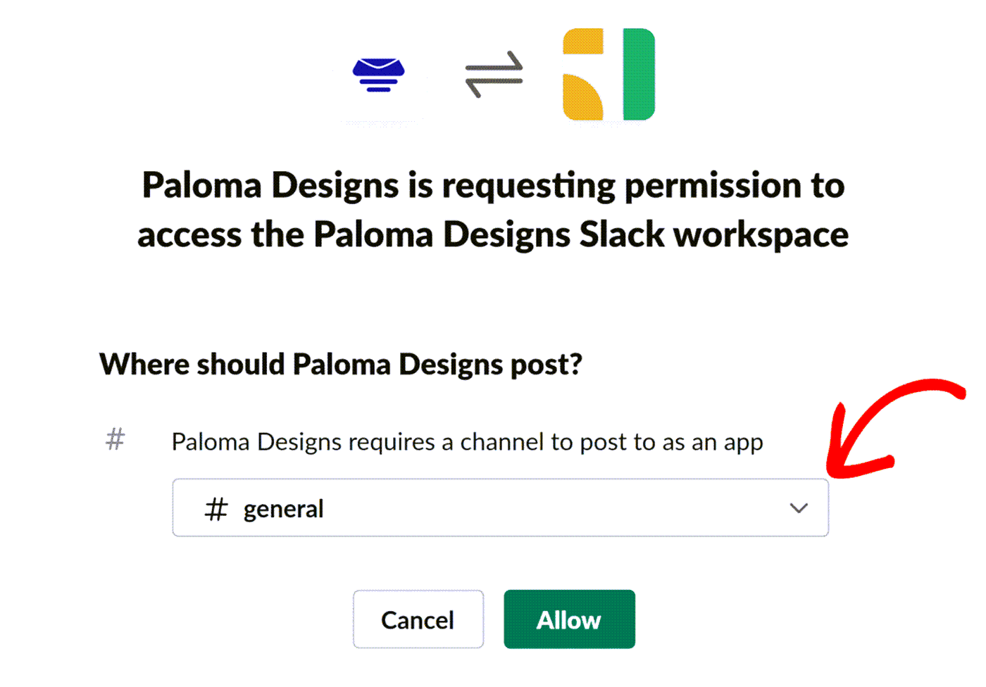 Choose a recipient for your Slack app