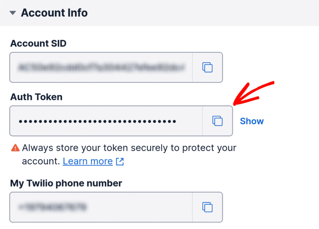 Copy Twilio Auth Token
