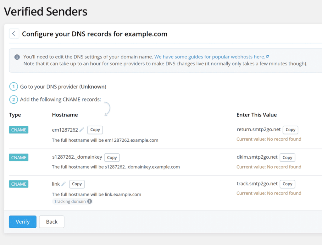 Copy and paste the SMTP2GO DNS records