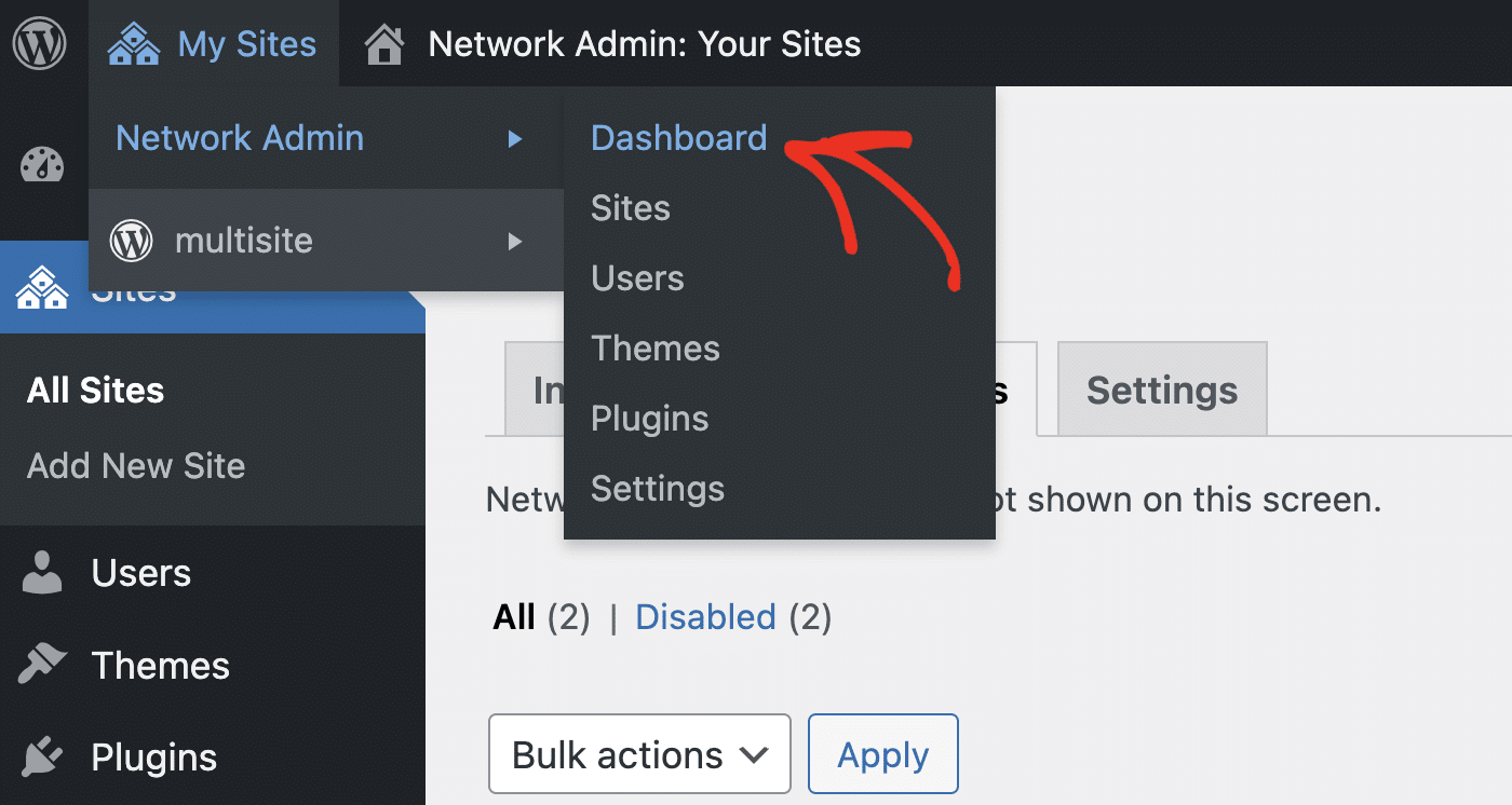 Opening the Network Admin dashboard for a multisite installation