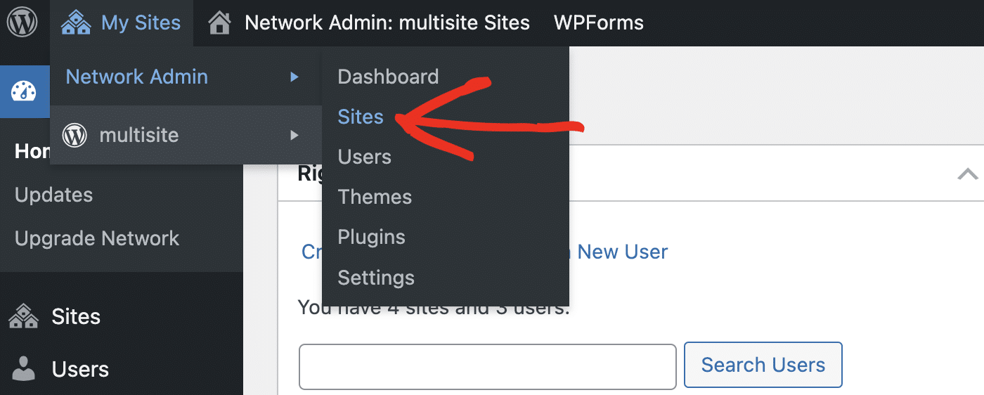 Accessing the dashboard for a subsite in a multisite network