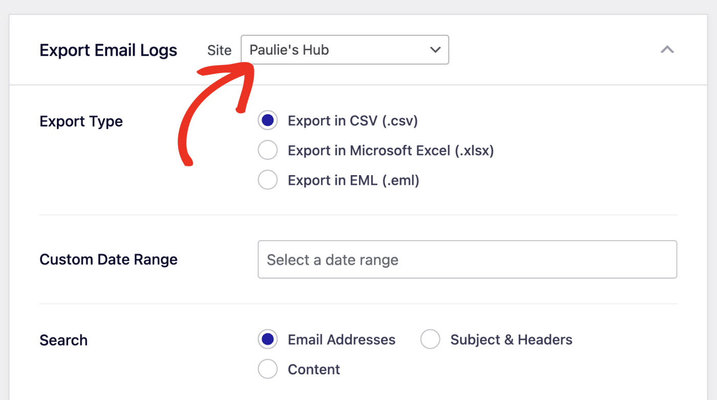 The subsite switcher for Easy WP SMTP email log exports