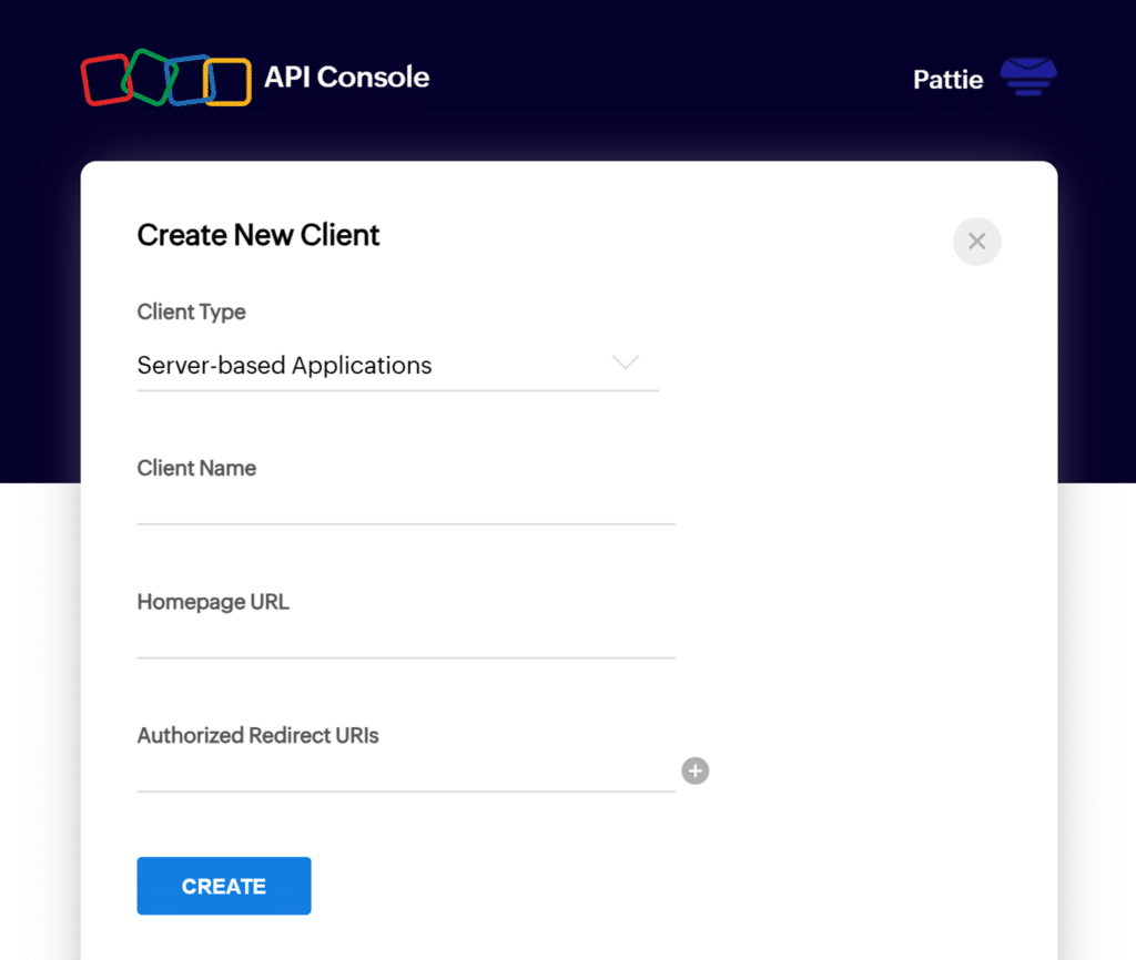 Zoho API application details