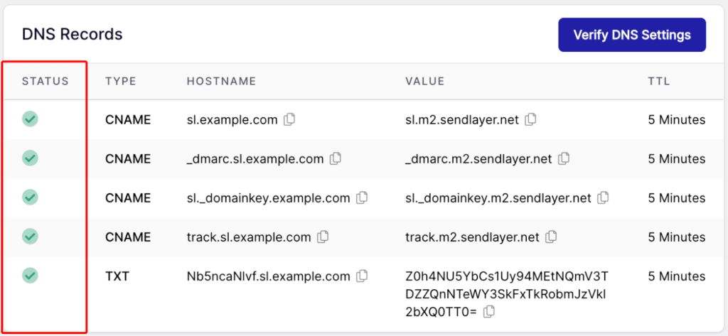 SendLayer DNS records authenticated