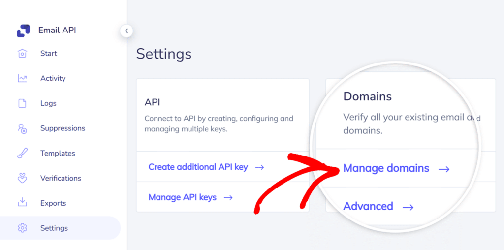 Click Manage domains from Elastic Email settings