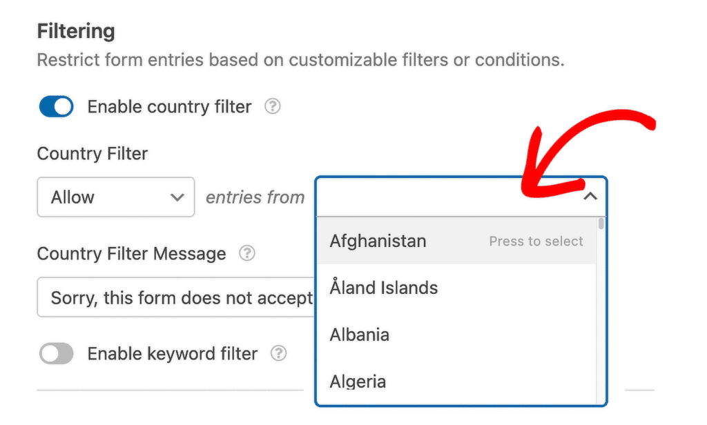 select countries to filter