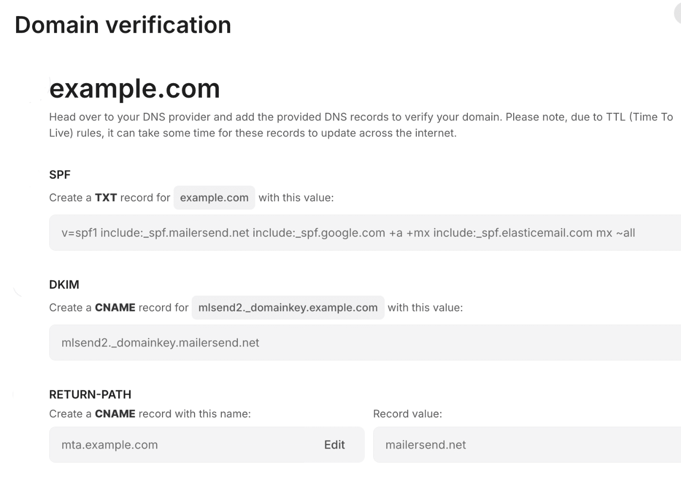 List of DNS records MailerSend provides