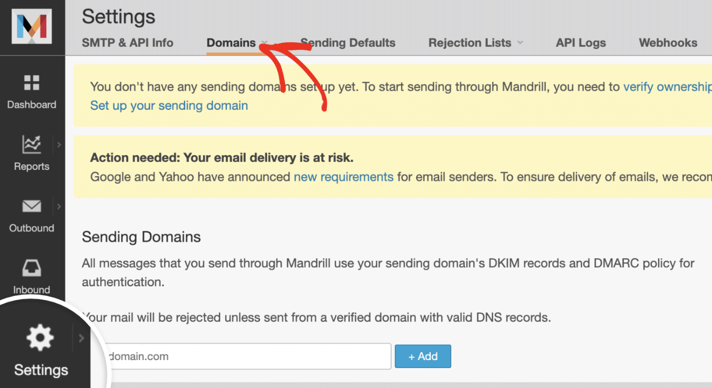 Settings » domains tab