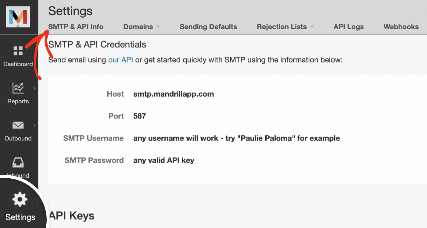 Mandrill SMTP & API Info tab