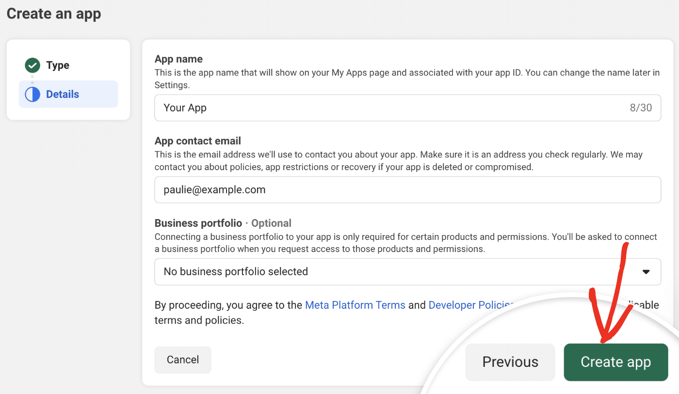 Confirm details and click Create app