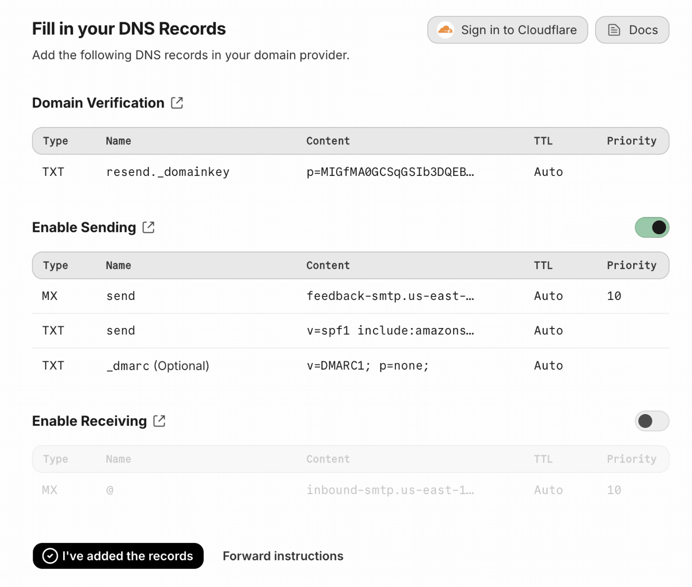 Resend DNS Records