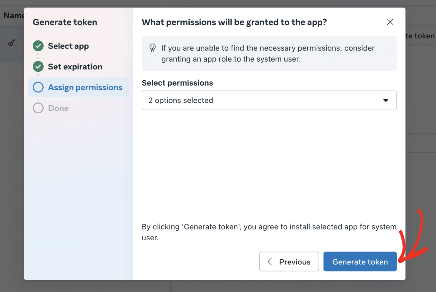 Click the Generate token button