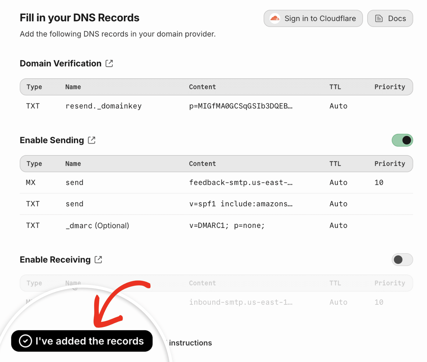 Click I've added the records button