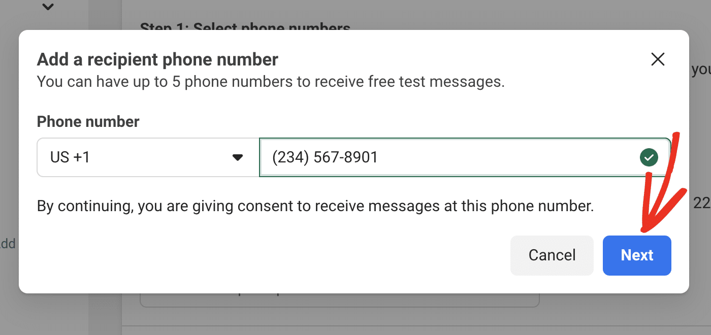 Enter recipient phone number and click next