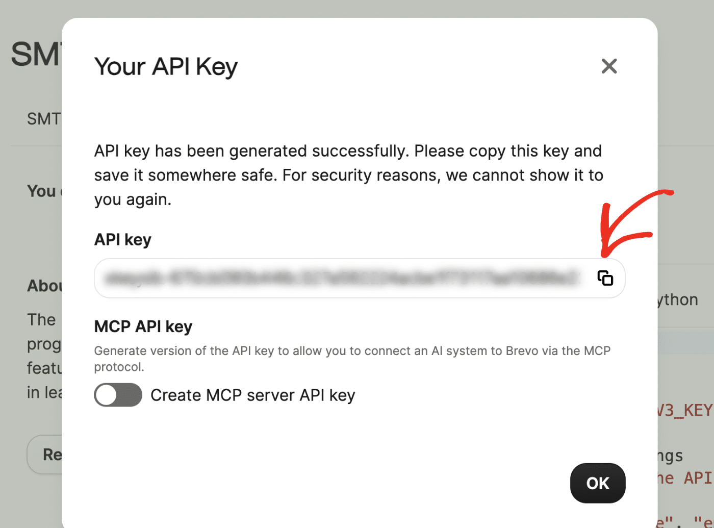 Copy button to generate API key