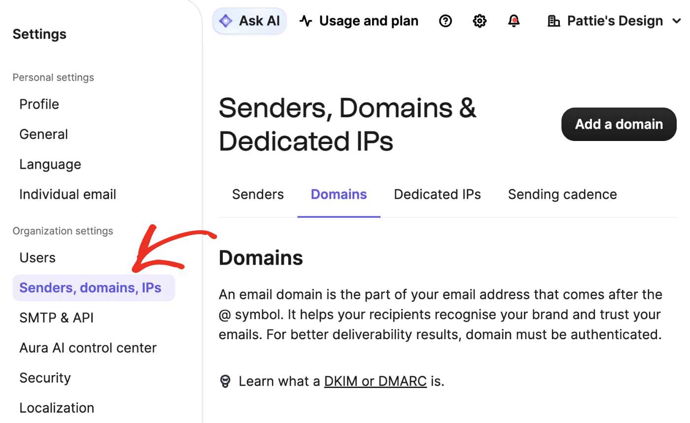 Senders & IP option from dropdown menu