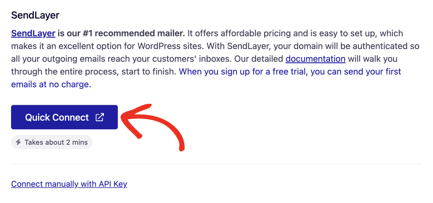 SendLayer Quick Connect button and Connect manually with API Key link in Easy WP SMTP
