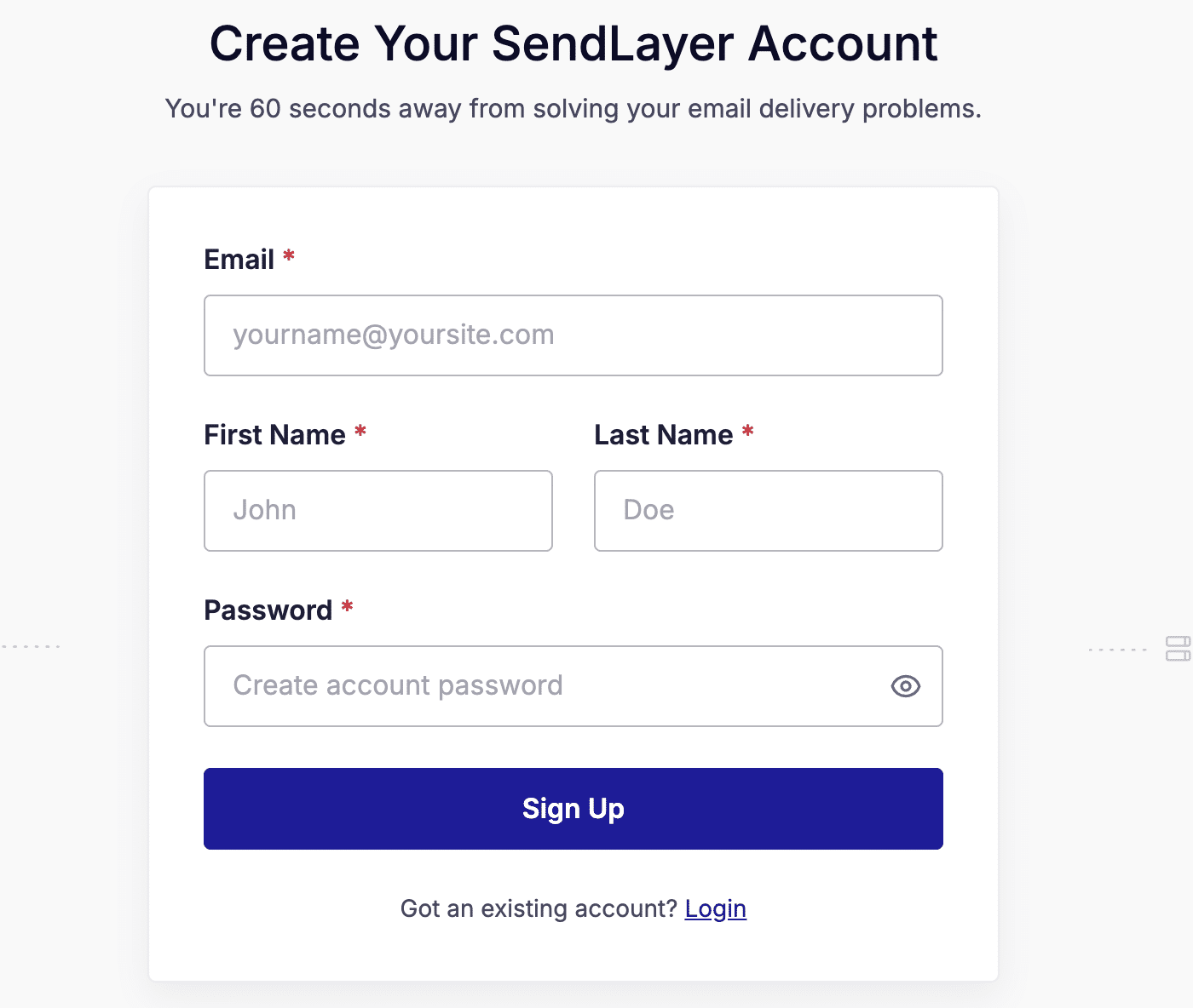 SendLayer Create Your Account popup form with fields filled in