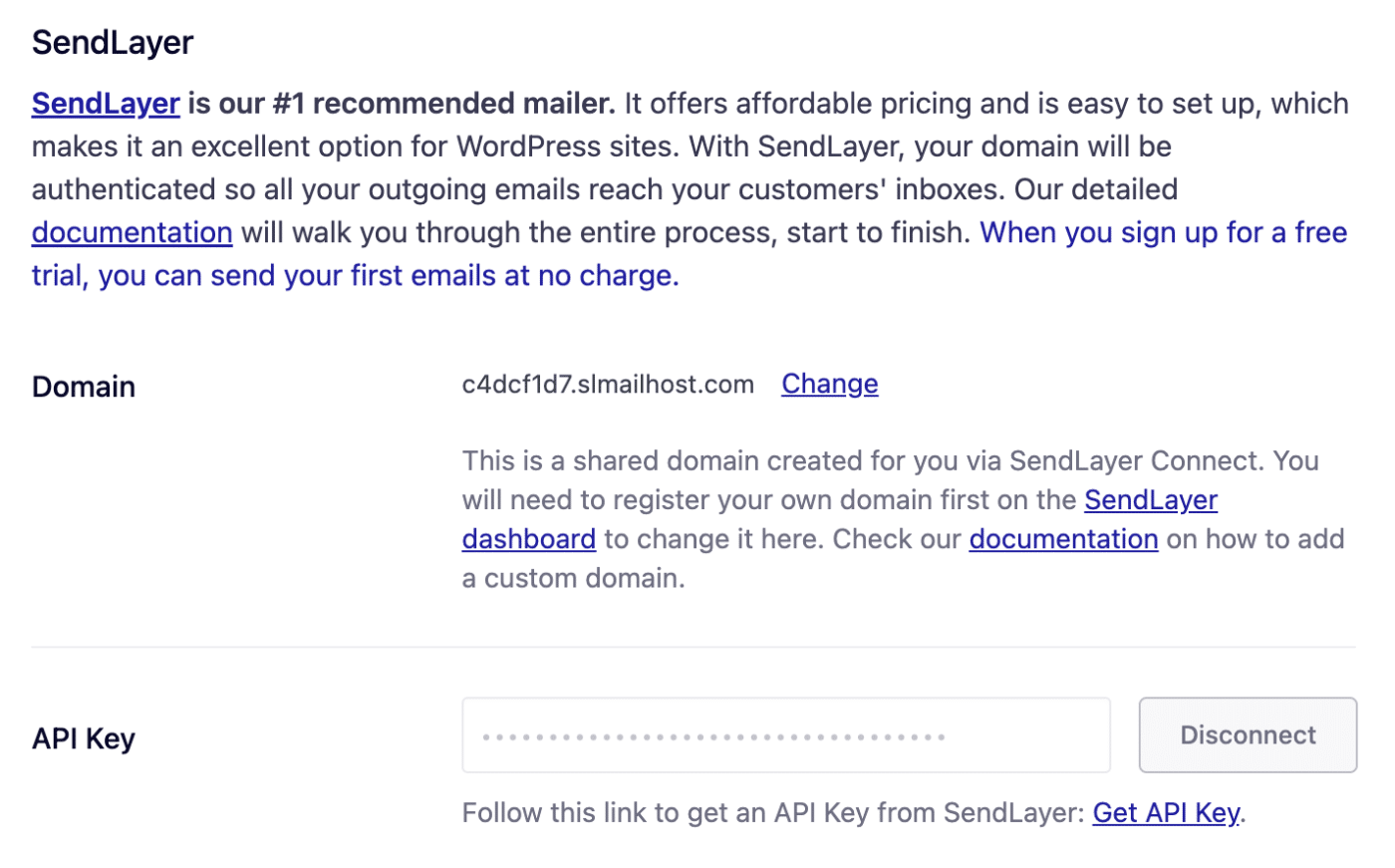 Easy WP SMTP settings showing SendLayer connected with Domain and API Key fields visible