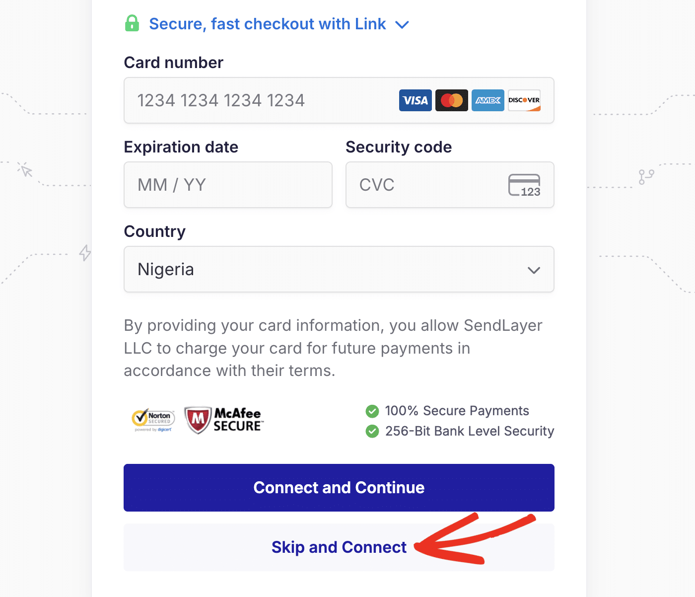 SendLayer payment details screen with the Skip and Connect button highlighted