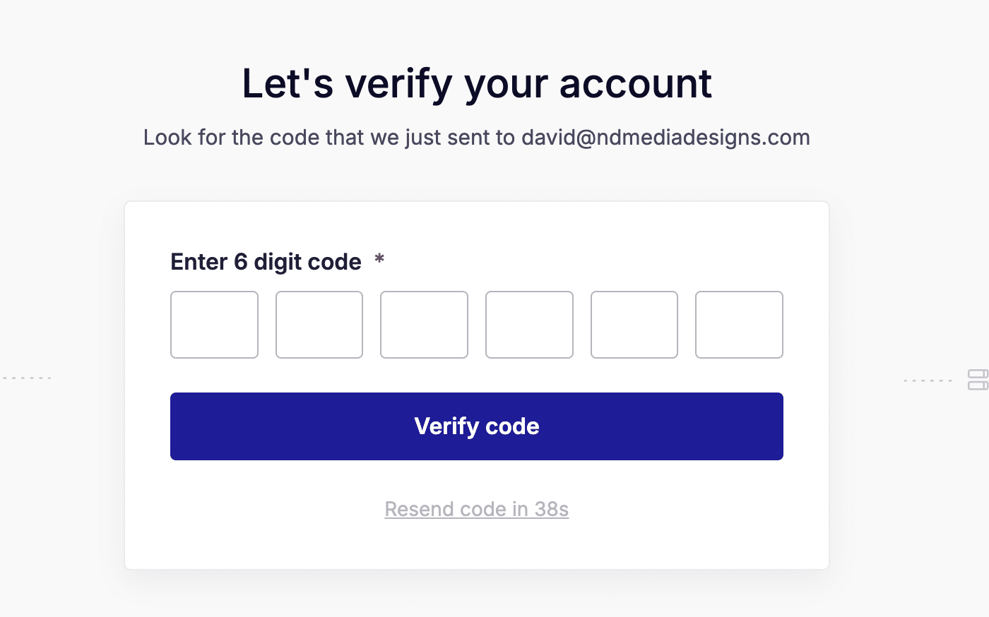 SendLayer email verification screen with 6-digit code entry boxes