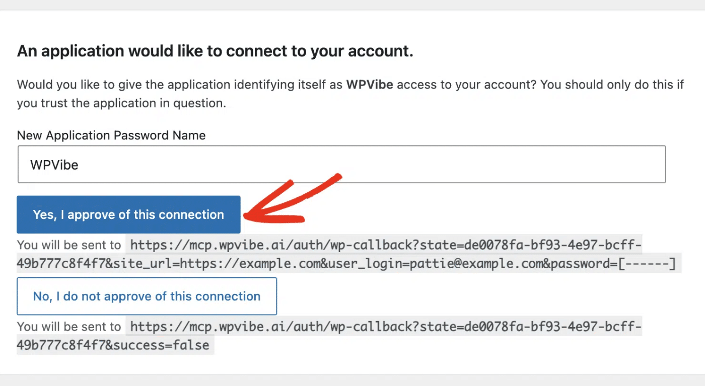 The WordPress authorization screen with the approve connection button