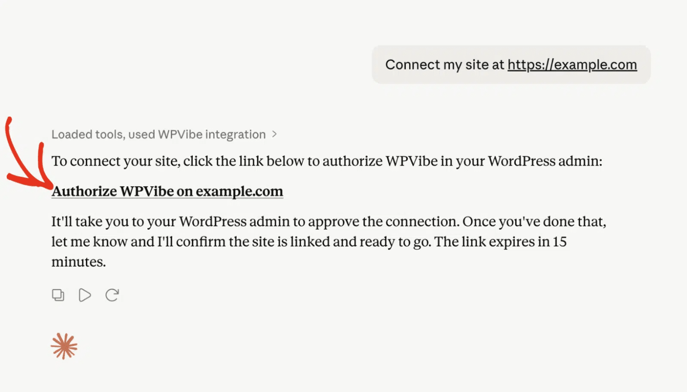An AI assistant chat with a Connect my site prompt entered and the returned WPVibe authorization link