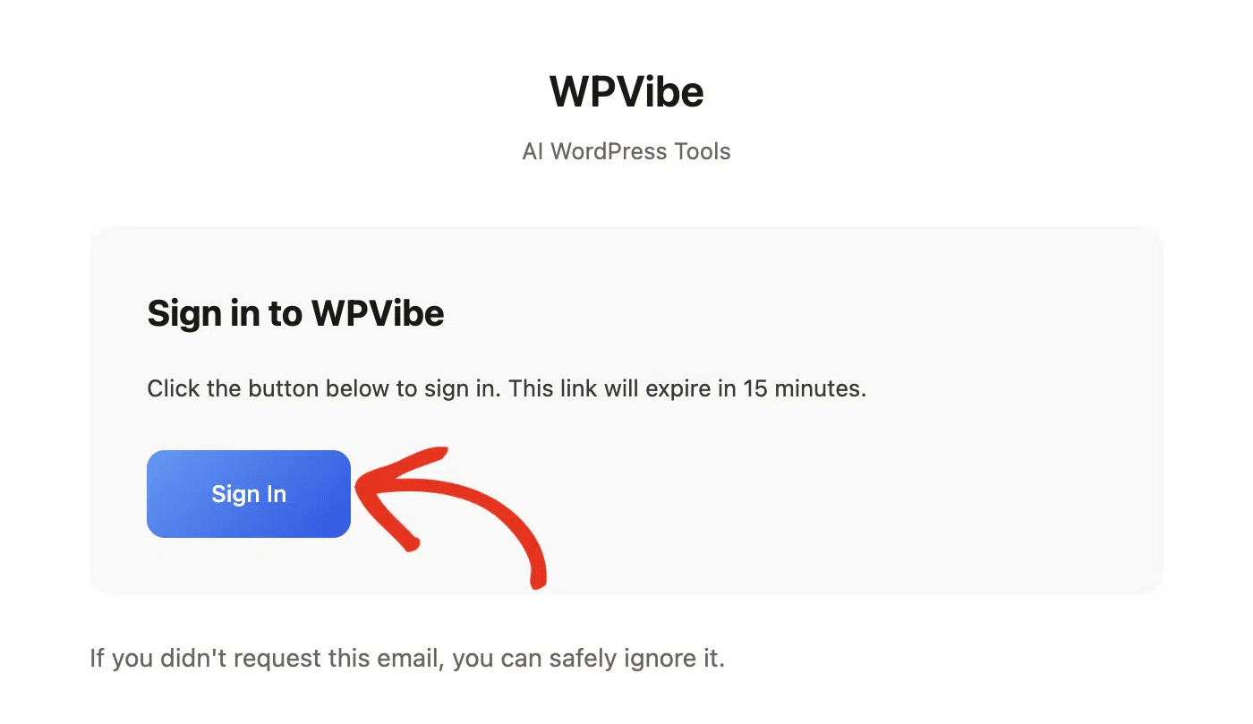 The WPVibe sign-in email with the Sign In button