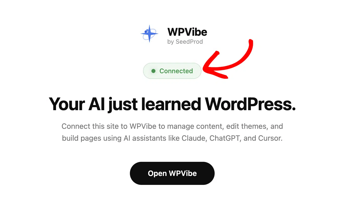 The WPVibe settings page showing the Connected label