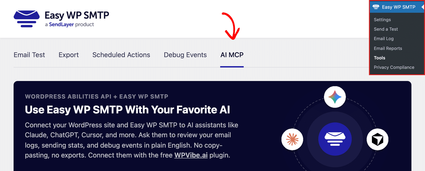 The Easy WP SMTP Tools page with the AI MCP tab selected
